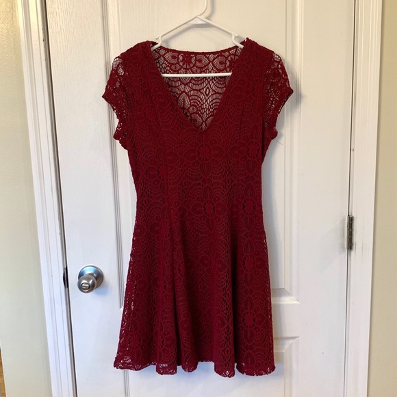 Express Burgundy Fit and Flair Lace Dress, S - Picture 1 of 5